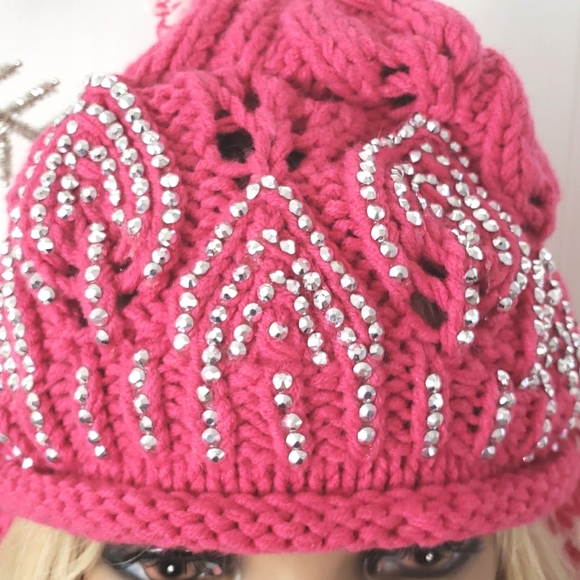 Pink And Cream Color Adult Bling Knit Hat - Picture 3 of 9